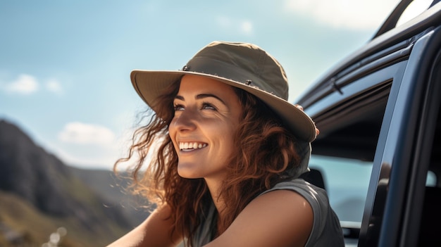 Een vrouw gluurt blij uit het autoraam en glimlacht tijdens het rijden. Gemaakt met generatieve AI-technologie