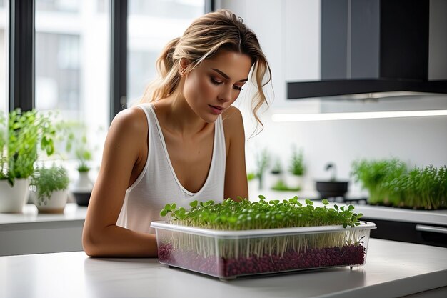 Een vrouw groeit microgreens in een container in de keuken vitaminen thuis op de vensterbank AI gegenereerd