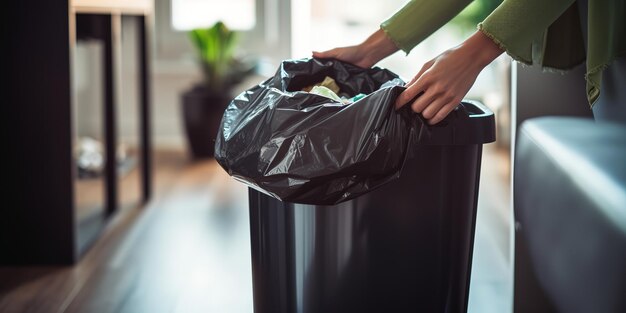 Een vrouw haalt thuis een vuilniszak uit de vuilnisbak