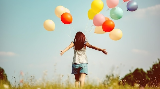 Foto een vrouw houdt ballonnen vast in een veld met de lucht op de achtergrond.
