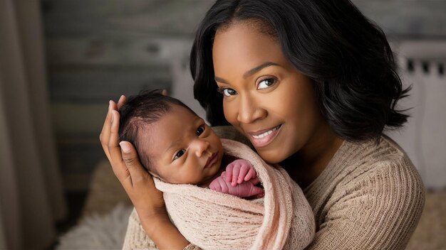 Foto een vrouw houdt een baby vast en glimlacht met een deken op haar schouder