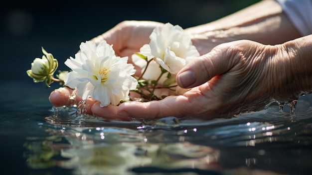 Een vrouw houdt een bloem in haar handen