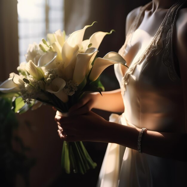 Een vrouw houdt een boeket bloemen vast en de zon schijnt door het raam.