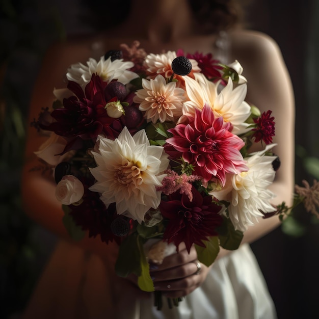 Een vrouw houdt een boeket bloemen vast