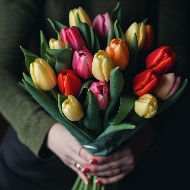 Een vrouw houdt een boeket tulpen in haar handen.