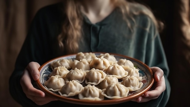 Een vrouw houdt een bord knoedels vast met het woord knoedels erop.