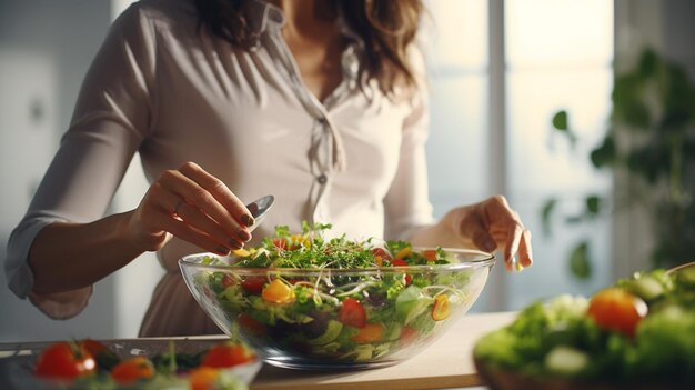 Een vrouw houdt een bord met voedsel salade in haar handen op de achtergrond van de keuken