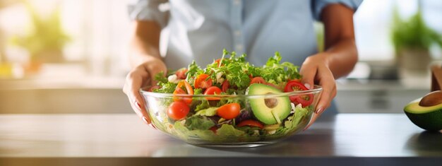 Een vrouw houdt een bord met voedsel salade in haar handen op de achtergrond van de keuken