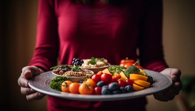 Een vrouw houdt een bord verse biologische groentesalade vast, gegenereerd door AI