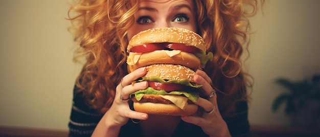 een vrouw houdt een hamburger voor haar gezicht