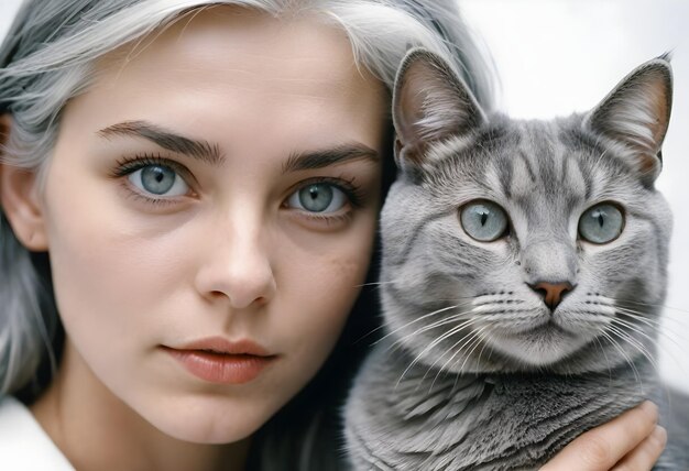 Foto een vrouw houdt een kat en een foto van een kat vast