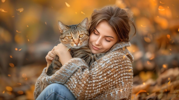 Foto een vrouw houdt een kat in haar armen terwijl ze op de grond zit