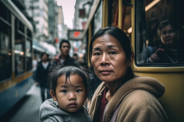 Een vrouw houdt een kind vast voor een bus die zegt 'ik ben geen kind'