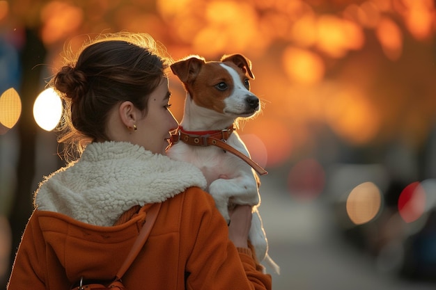 Een vrouw houdt een kleine hond in haar armen.