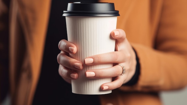 Een vrouw houdt een koffiekopje vast met het woord koffie erop.