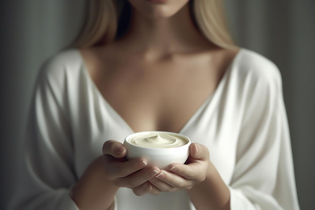 Een vrouw houdt een kom room in haar handen.