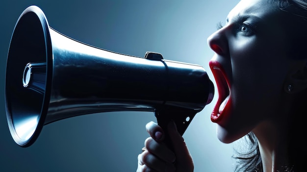 Een vrouw houdt een microfoon vast en schreeuwt er in. Concept van woede en frustratie.