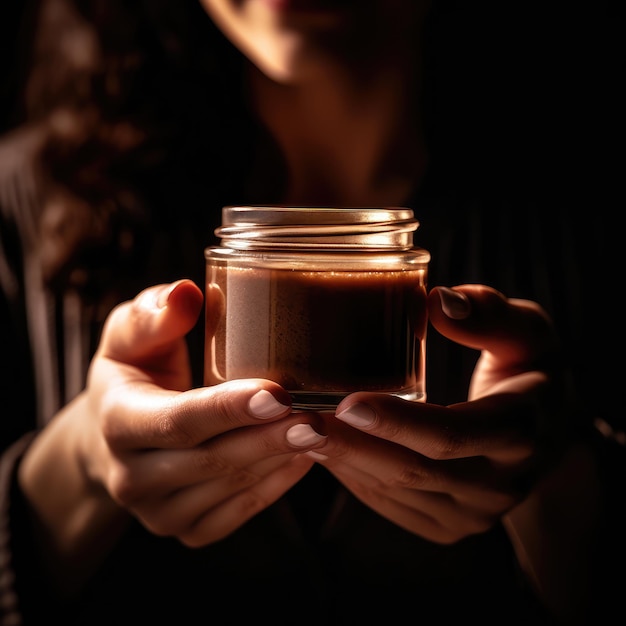 Een vrouw houdt een pot koffie voor haar gezicht