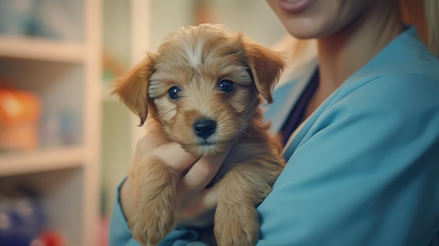 Een vrouw houdt een puppy vast die zegt 'ik hou van honden'