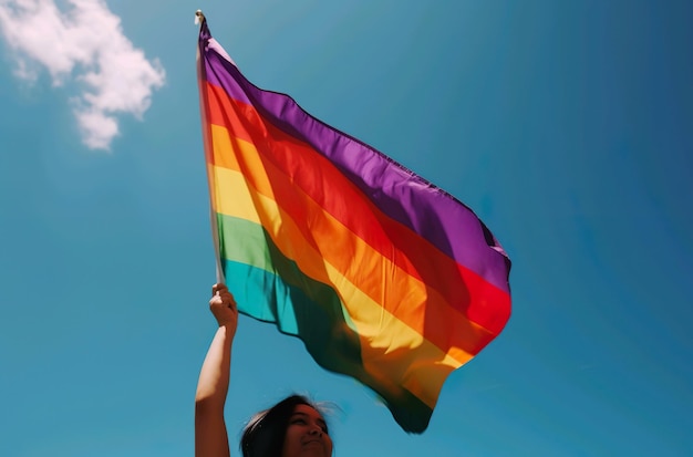 Een vrouw houdt een regenboogvlag voor een blauwe lucht.