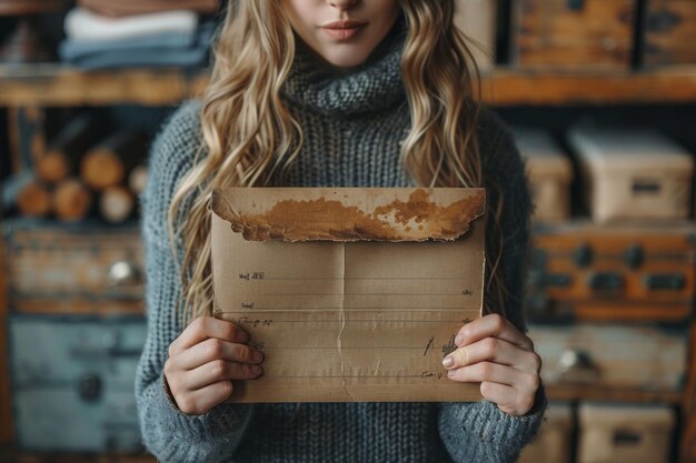 Een vrouw houdt een stuk papier vast met het woord erop.