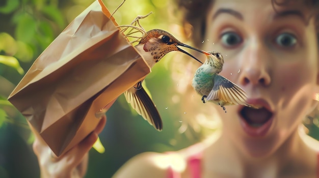 Foto een vrouw houdt een vogel vast die een vogel op zijn snavel heeft