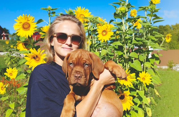 Een vrouw houdt een volbloed puppy van de Borodsky-hond in haar armen Kleine Franse Mastiff-puppy