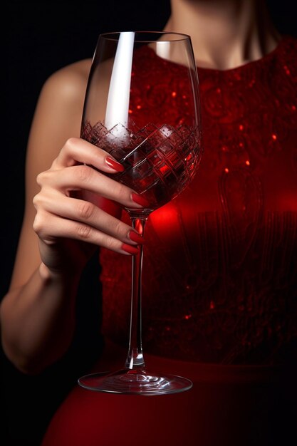 Een vrouw houdt een wijnglas vast met rode glitter erop.