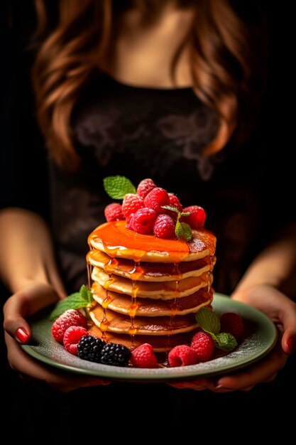 Een vrouw houdt pannenkoeken met bessen in haar handen Generatieve AI Food