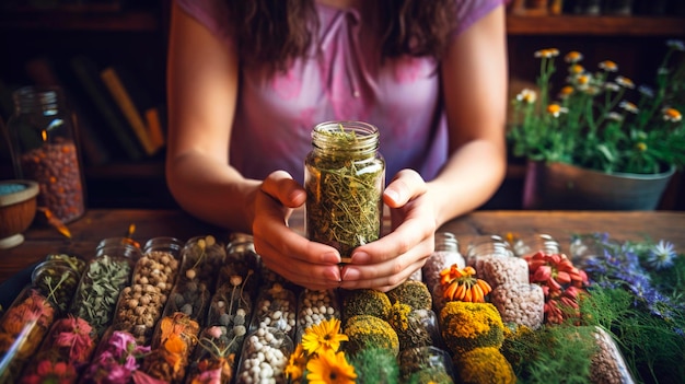 Een vrouw houdt supplementen in haar handen met kruiden en bloemen Generatieve AI Natuur
