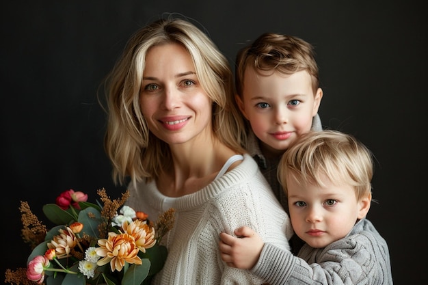 een vrouw houdt twee jongens en een boeket bloemen vast