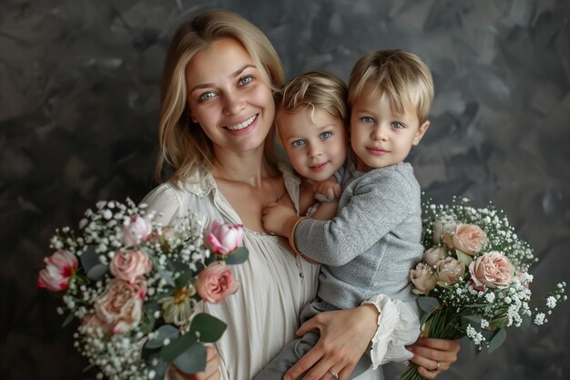 een vrouw houdt twee kinderen en de woorden het woord op de achterkant van haar shirt