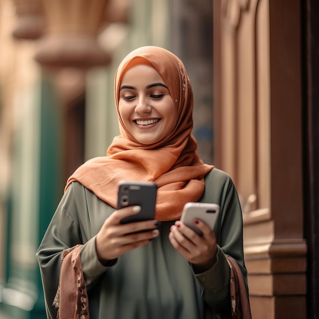 een vrouw houdt twee mobiele telefoons vast en kijkt naar haar telefoon