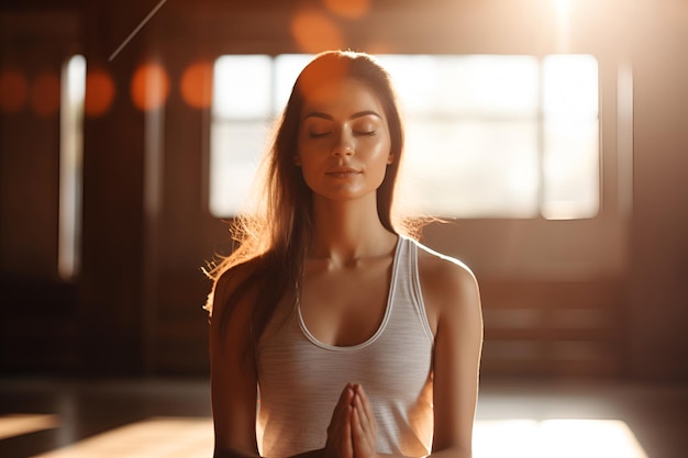 Een vrouw houdt zich bezig met yoga en meditatie in het comfort van haar huis