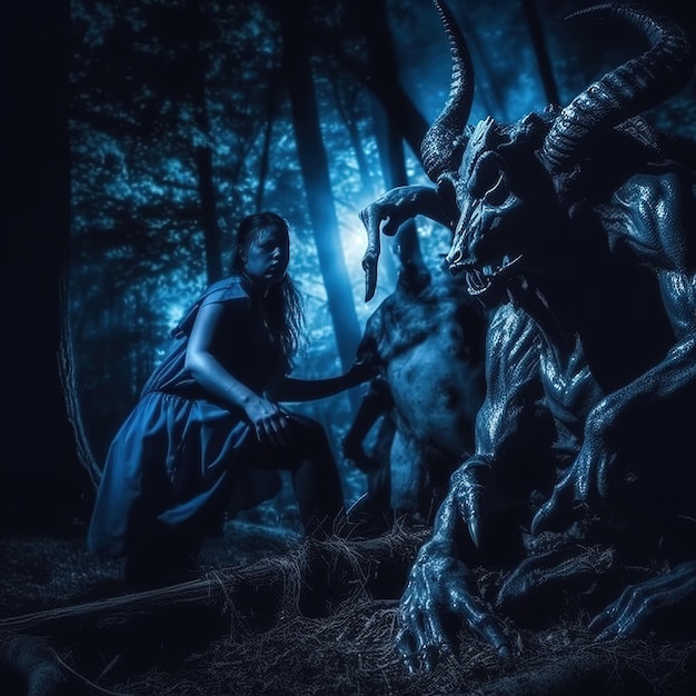 Een vrouw hurkt in een donker bos met een demon en de maan achter haar.