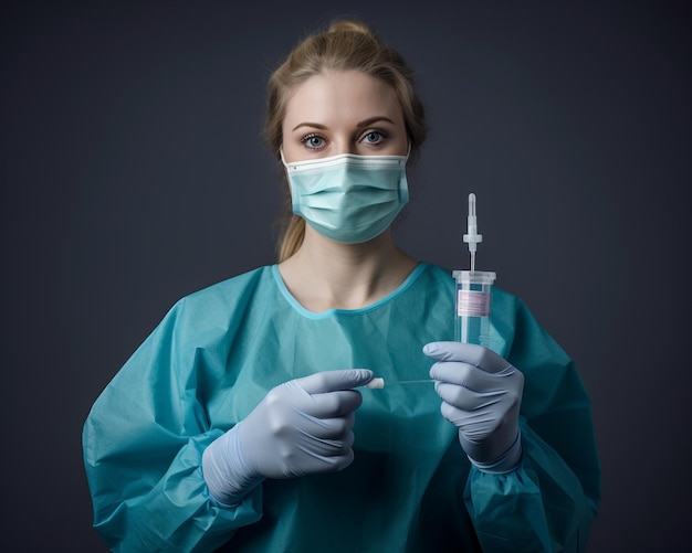 een vrouw in blauwe scrubs die een injectie vasthoudt