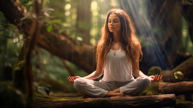 Een vrouw in de lotuspositie in het bos doet yoga en mindfulness oefeningen totdat ze nirvana bereikt Generatieve AI Natuur