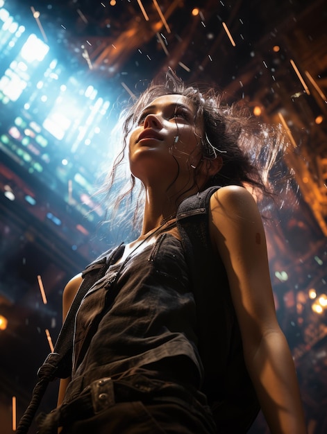 een vrouw in de lucht boven een podium tijdens een concert in de stijl van cyberpunk manga ai gegenereerd