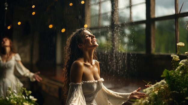 Een vrouw in de regen met haar haar in de wind.