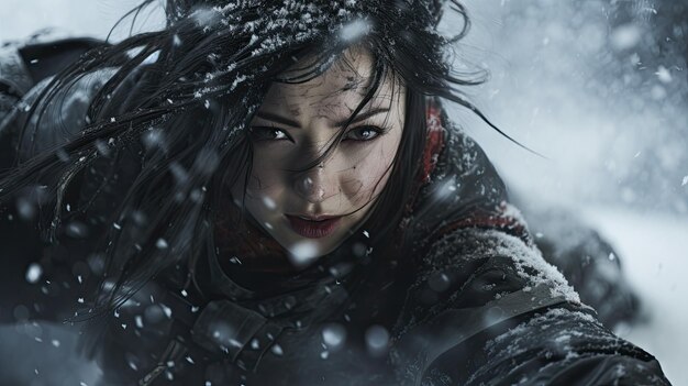 Een vrouw in de sneeuw.