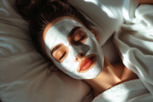 een vrouw in de spa ontspant met handdoeken en een gezichtsmasker