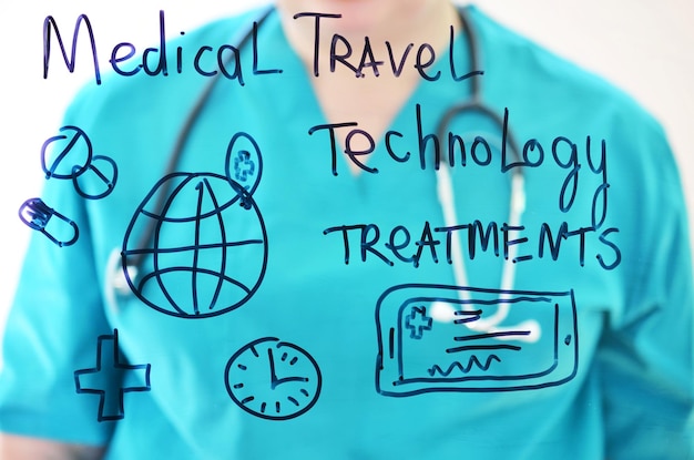 Foto een vrouw in de vorm van een dokter tekent een diagram over het onderwerp medisch toerisme