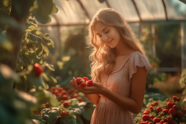 Een vrouw in een aardbeienkwekerij