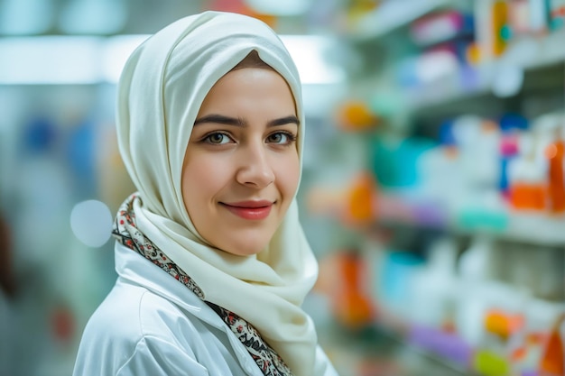 Een vrouw in een apotheek die een hijab draagt