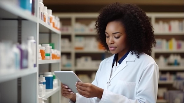 een vrouw in een apotheek die een tablet leest met een bord dat zegt apotheker