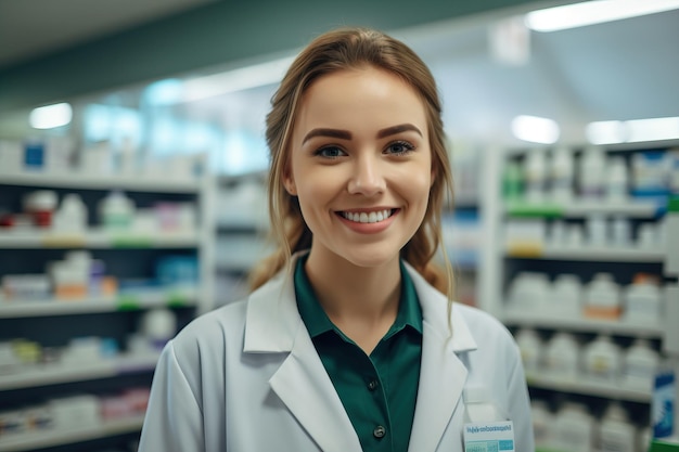 Een vrouw in een apotheek in een witte jas staat voor een plank met medicijnen.