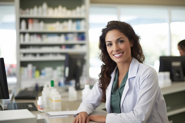 Een vrouw in een apotheek met een flesje pillen op tafel