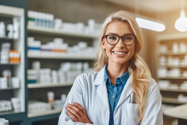 Een vrouw in een apotheek met een glimlach op haar gezicht