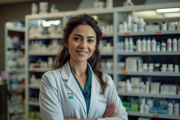 Een vrouw in een apotheek met een groene laboratoriumjas staat voor een plank met medicijnen.