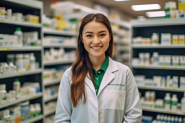 Een vrouw in een apotheek met een witte jas aan staat voor planken met medicijnen.
